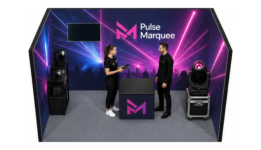 Stoisko 4 × 3 m szeregowe dla branży branża eventowa, przykładowa marka Pulse Marquee