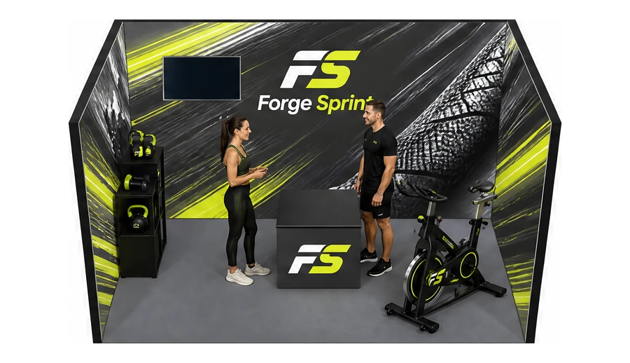 Stoisko 4 × 3 m szeregowe dla branży fitness i siłownie, przykładowa marka Forge Sprint