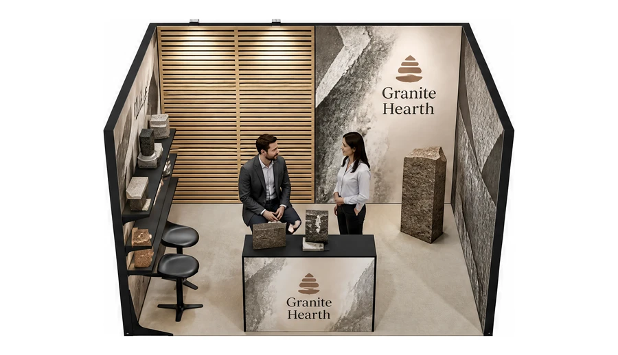 Stoisko 4 × 3 m szeregowe dla branży kamień i kamieniarstwo, przykładowa marka Granite Hearth