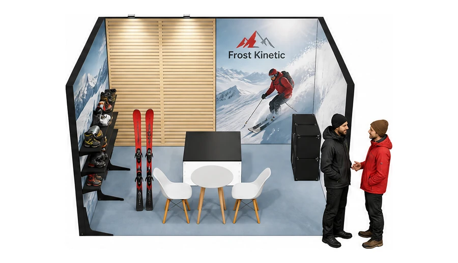 Stoisko 4 × 3 m szeregowe dla branży narciarstwo i sporty zimowe, przykładowa marka Frost Kinetic