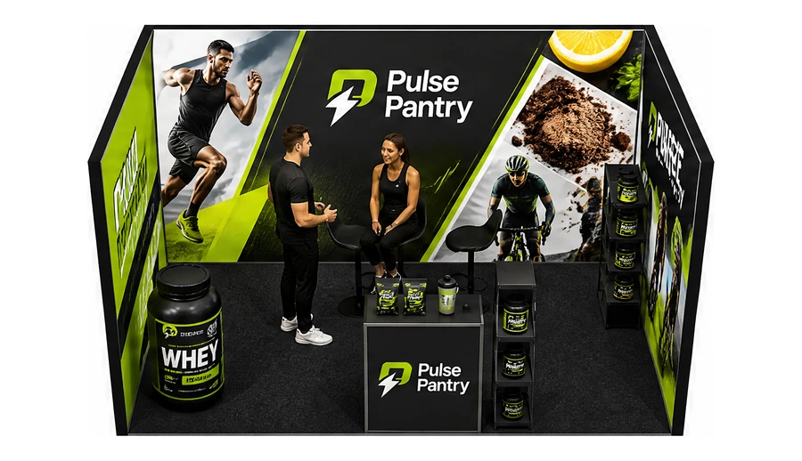 Stoisko 4 × 3 m szeregowe dla branży suplementy diety, przykładowa marka Pulse Pantry