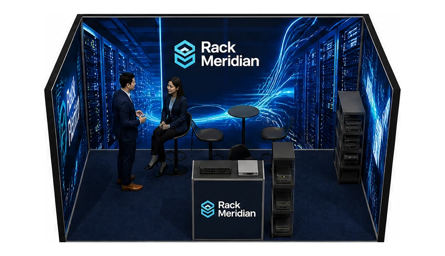 Stoisko 4 × 3 m szeregowe dla branży infrastruktura IT i data center, przykładowa marka Rack Meridian