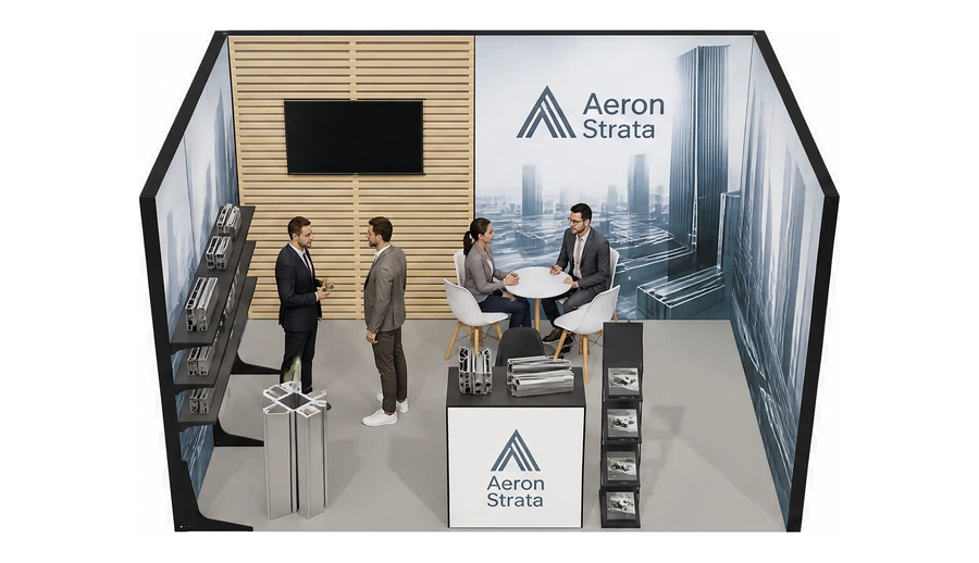 Stoisko 4 × 3 m szeregowe dla branży profile aluminiowe, przykładowa marka Aeron Strata