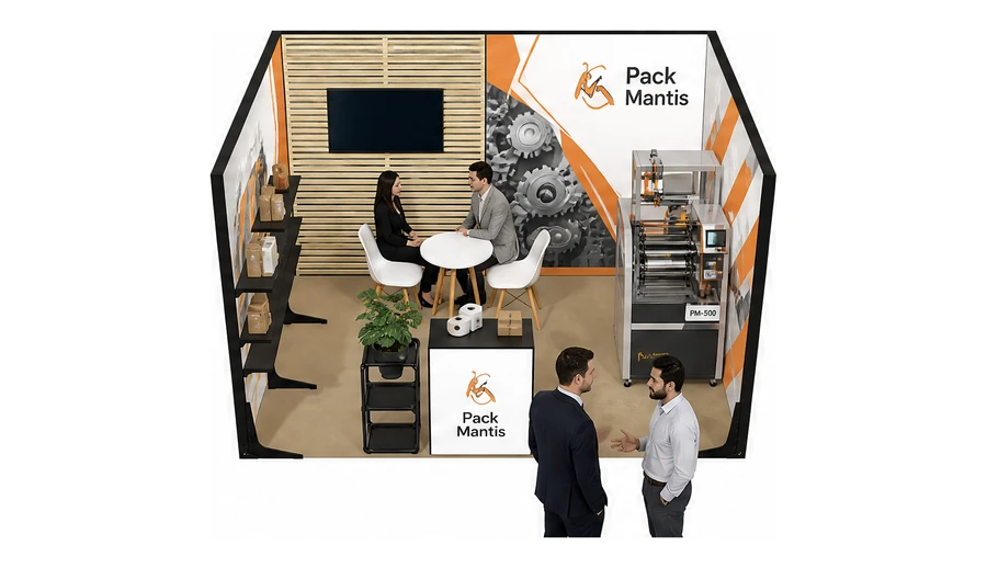 Stoisko 4 × 3 m szeregowe dla branży maszyny pakujące, przykładowa marka Pack Mantis