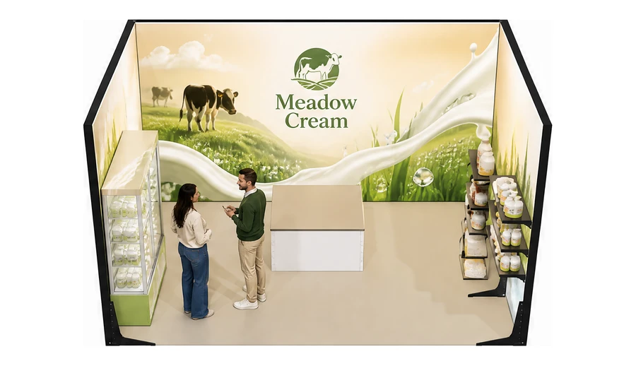 Stoisko 4 × 3 m szeregowe dla branży nabiał i mleczarstwo, przykładowa marka Meadow Cream