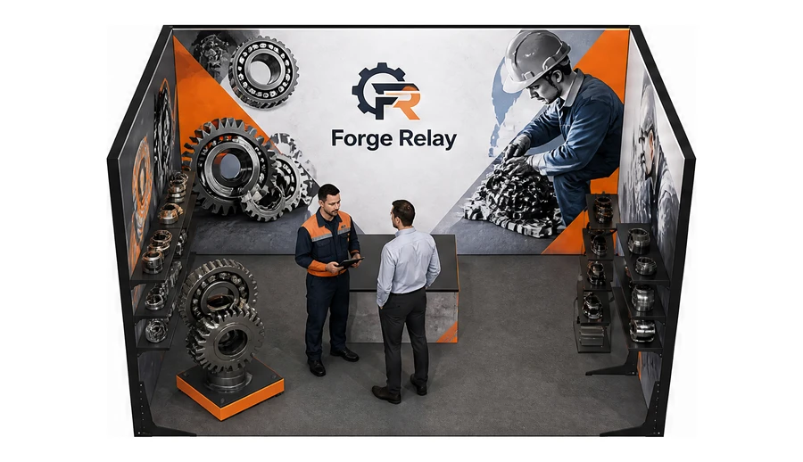 Stoisko 4 × 3 m szeregowe dla branży utrzymanie ruchu, przykładowa marka Forge Relay