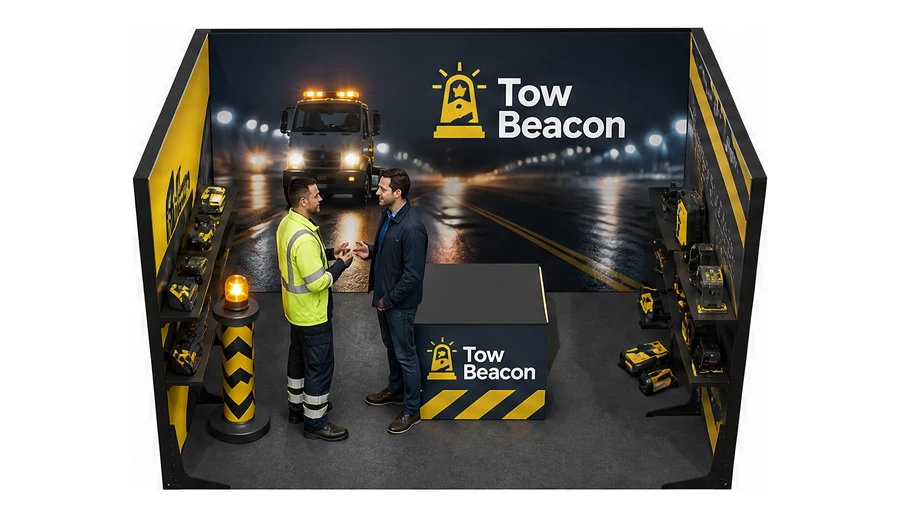 Stoisko 4 × 3 m szeregowe dla branży pomoc drogowa i lawety, przykładowa marka Tow Beacon