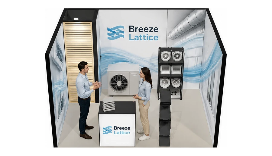 Stoisko 4 × 3 m szeregowe dla branży wentylacja i klimatyzacja, przykładowa marka Breeze Lattice
