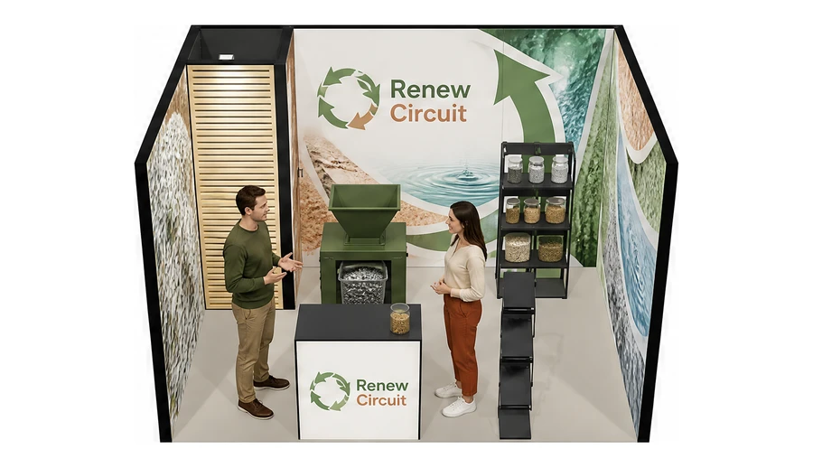 Stoisko 4 × 3 m szeregowe dla branży recykling i ochrona środowiska, przykładowa marka Renew Circuit