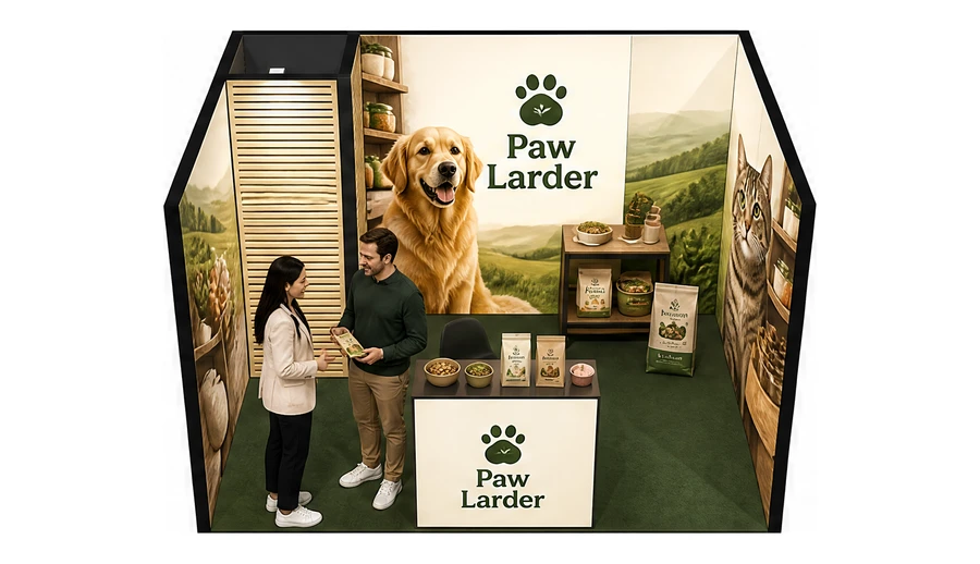Stoisko 4 × 3 m szeregowe dla branży karma dla zwierząt, przykładowa marka Paw Larder