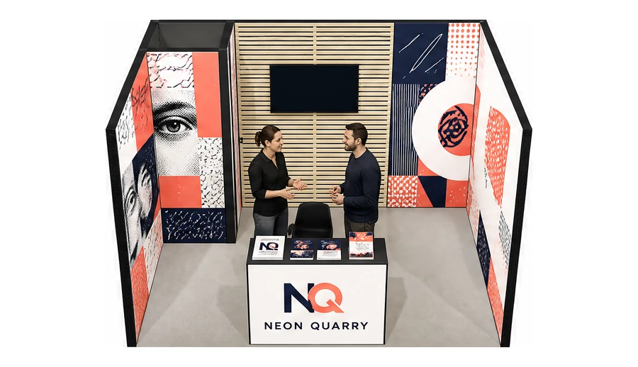 Stoisko 4 × 3 m szeregowe dla branży reklama i druk, przykładowa marka Neon Quarry