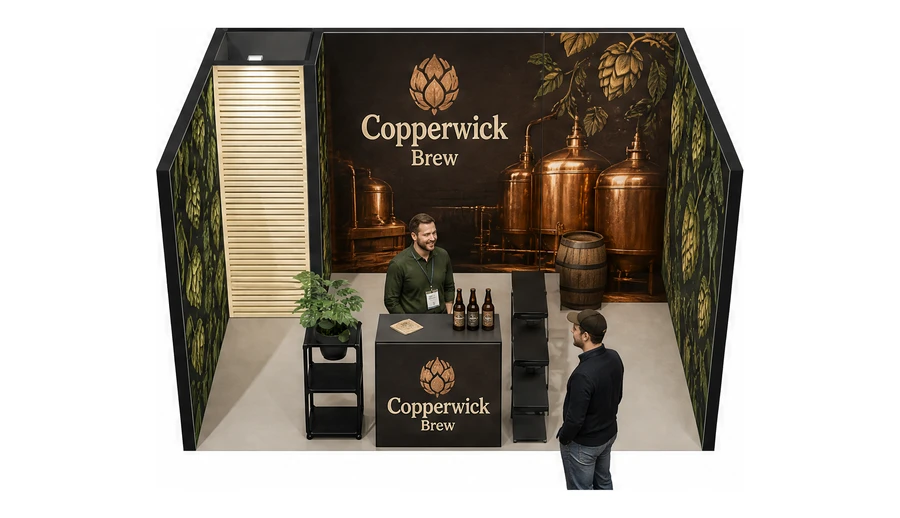 Stoisko 4 × 3 m szeregowe dla branży browar rzemieślniczy, przykładowa marka Copperwick Brew