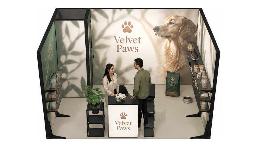 Stoisko 4 × 3 m szeregowe dla branży karma dla zwierząt, przykładowa marka Velvet Paws