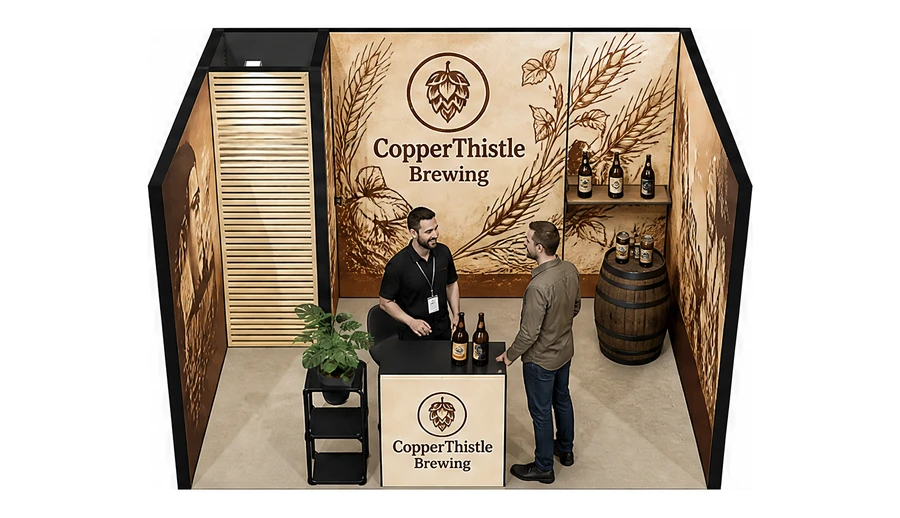 Stoisko 4 × 3 m szeregowe dla branży browar rzemieślniczy, przykładowa marka CopperThistle Brewing