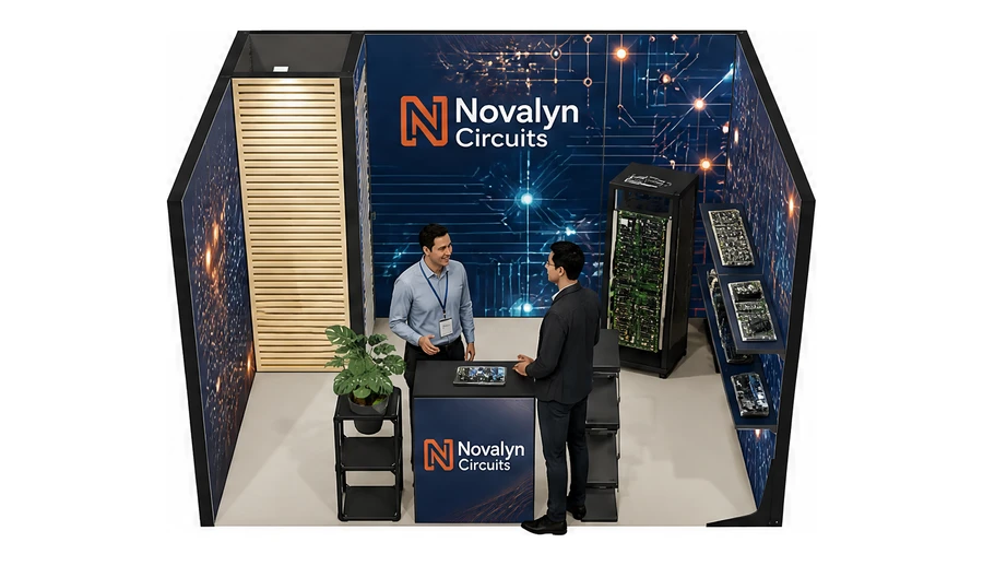 Stoisko 4 × 3 m szeregowe dla branży komponenty elektroniczne, przykładowa marka Novalyn Circuits