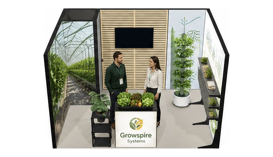Stoisko 4 × 3 m szeregowe dla branży sadownictwo i warzywnictwo, przykładowa marka Growspire Systems