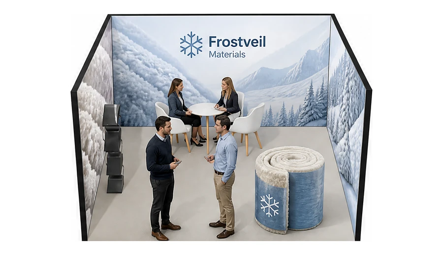 Stoisko 4 × 4 m szeregowe dla branży izolacje techniczne, przykładowa marka Frostveil Materials