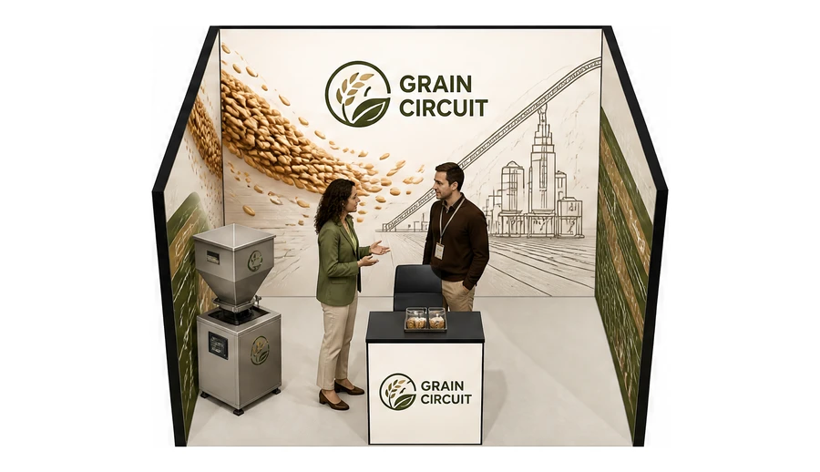 Stoisko 4 × 4 m szeregowe dla branży technologie spożywcze, przykładowa marka Grain Circuit
