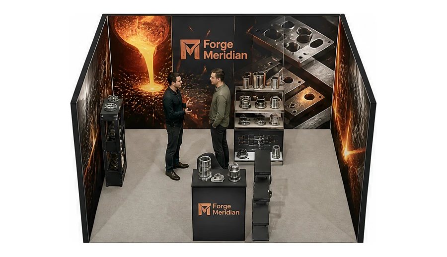 Stoisko 4 × 4 m szeregowe dla branży obróbka metali i odlewnictwo, przykładowa marka Forge Meridian