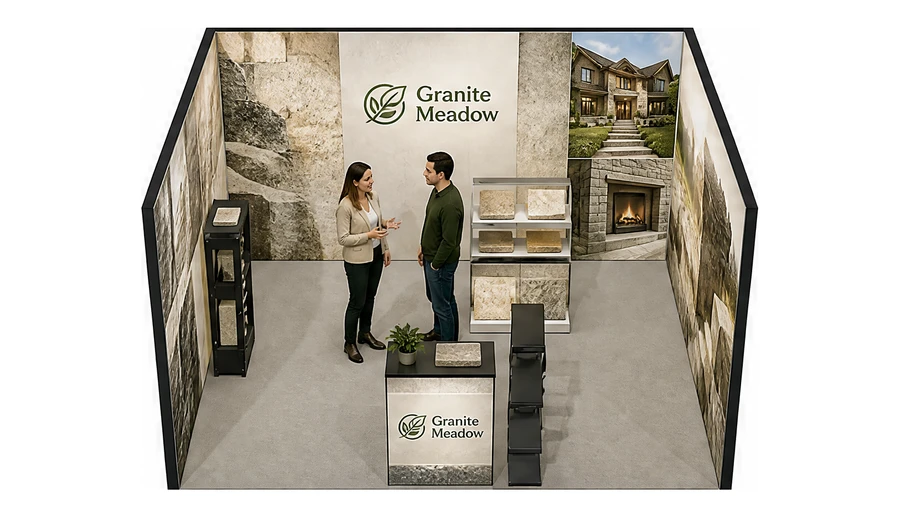 Stoisko 4 × 4 m szeregowe dla branży kamień i kamieniarstwo, przykładowa marka Granite Meadow
