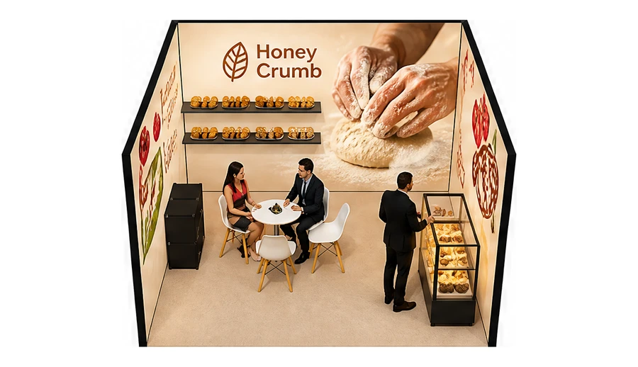 Stoisko 4 × 4 m szeregowe dla branży piekarnictwo i cukiernictwo, przykładowa marka Honey Crumb