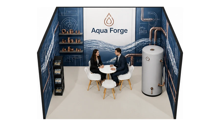 Stoisko 4 × 4 m szeregowe dla branży instalacje wodno-kanalizacyjne, przykładowa marka Aqua Forge