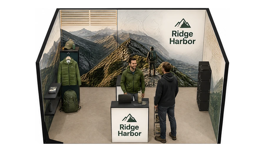 Stoisko 4 × 4 m szeregowe dla branży odzież i sprzęt outdoorowy, przykładowa marka Ridge Harbor