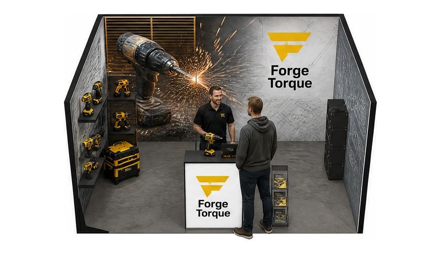 Stoisko 4 × 4 m szeregowe dla branży elektronarzędzia, przykładowa marka Forge Torque
