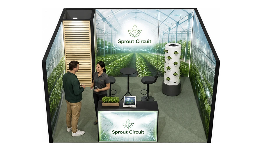 Stoisko 4 × 4 m szeregowe dla branży sadownictwo i warzywnictwo, przykładowa marka Sprout Circuit