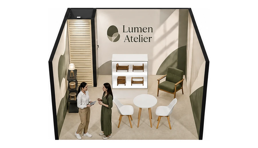 Stoisko 4 × 4 m szeregowe dla branży meble designerskie, przykładowa marka Lumen Atelier