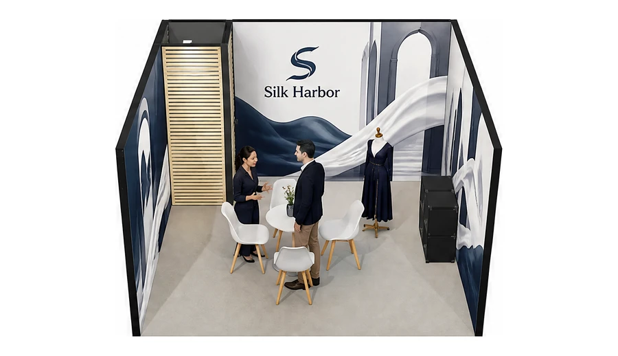 Stoisko 4 × 4 m szeregowe dla branży odzież i moda, przykładowa marka Silk Harbor