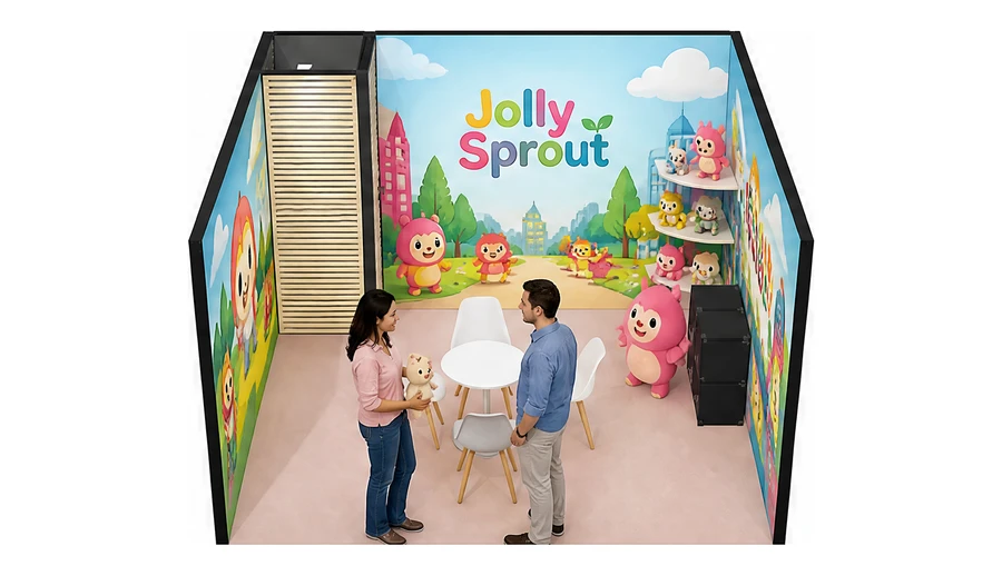 Stoisko 4 × 4 m szeregowe dla branży zabawki i artykuły dziecięce, przykładowa marka Jolly Sprout