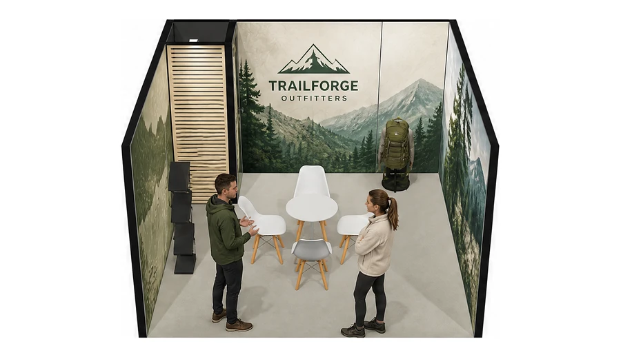 Stoisko 4 × 4 m szeregowe dla branży odzież i sprzęt outdoorowy, przykładowa marka Trailforge Outfitters