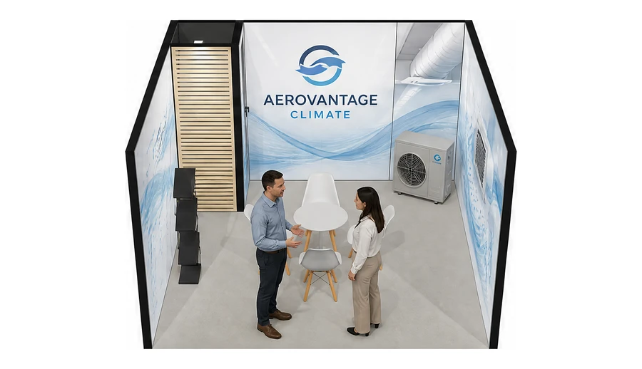 Stoisko 4 × 4 m szeregowe dla branży wentylacja i klimatyzacja, przykładowa marka AeroVantage Climate
