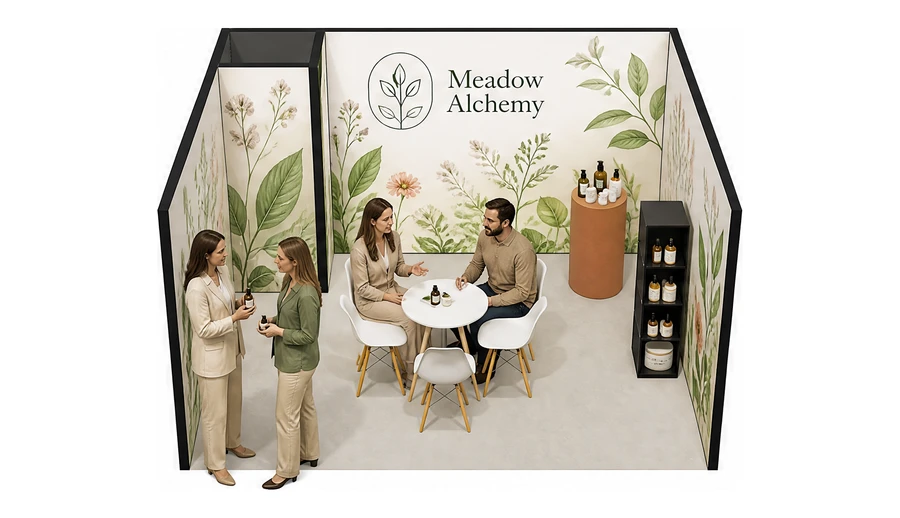 Stoisko 4 × 4 m szeregowe dla branży kosmetyki naturalne, przykładowa marka Meadow Alchemy