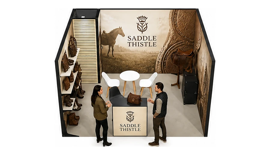 Stoisko 4 × 4 m szeregowe dla branży jeździectwo, przykładowa marka Saddle Thistle
