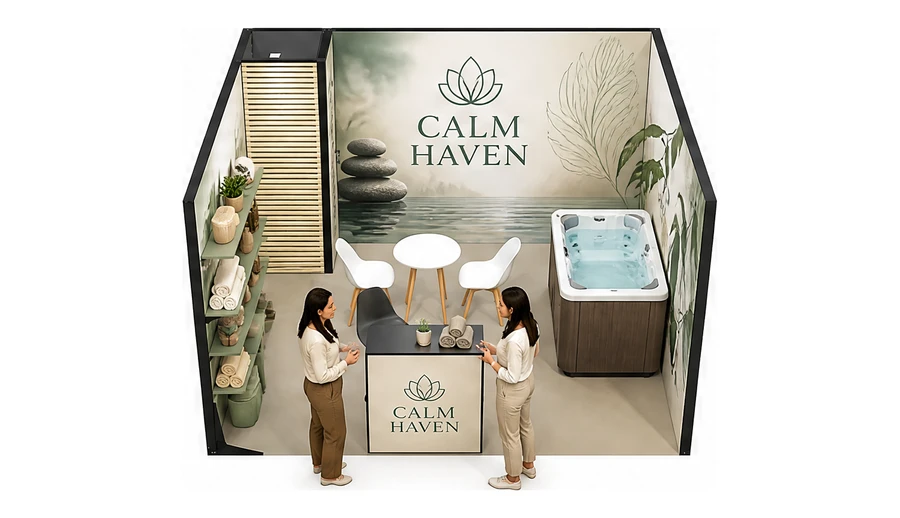 Stoisko 4 × 4 m szeregowe dla branży spa i wellness, przykładowa marka Calm Haven