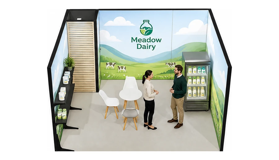 Stoisko 4 × 4 m szeregowe dla branży nabiał i mleczarstwo, przykładowa marka Meadow Dairy