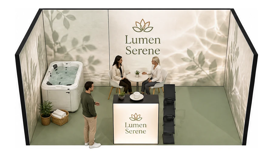 Stoisko 5 × 3 m szeregowe dla branży spa i wellness, przykładowa marka Lumen Serene