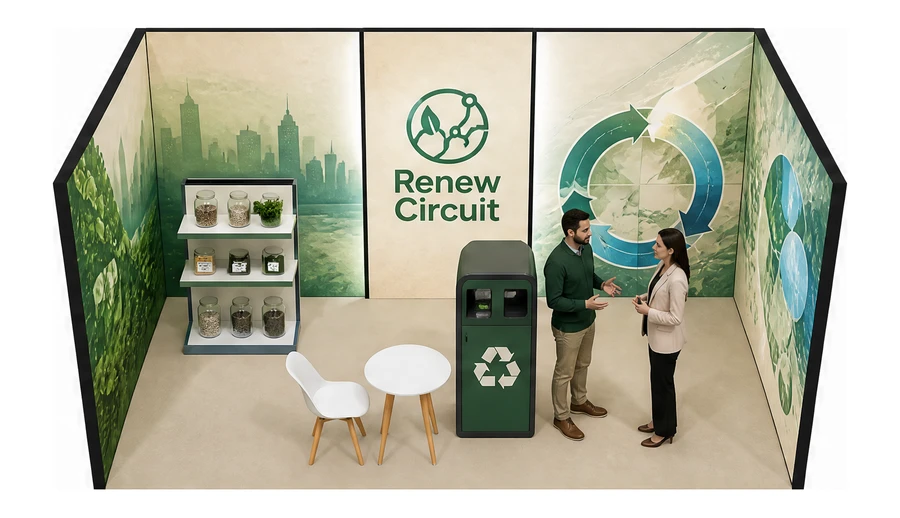 Stoisko 5 × 3 m szeregowe dla branży recykling i ochrona środowiska, przykładowa marka Renew Circuit