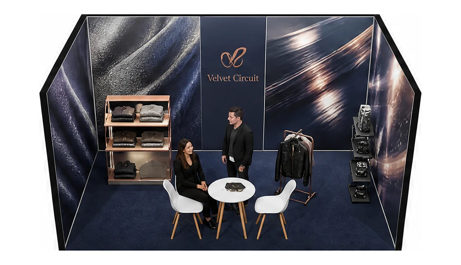 Stoisko 5 × 3 m szeregowe dla branży odzież i moda, przykładowa marka Velvet Circuit