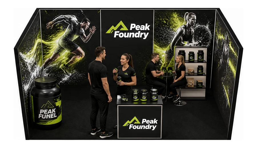 Stoisko 5 × 3 m szeregowe dla branży suplementy diety, przykładowa marka Peak Foundry