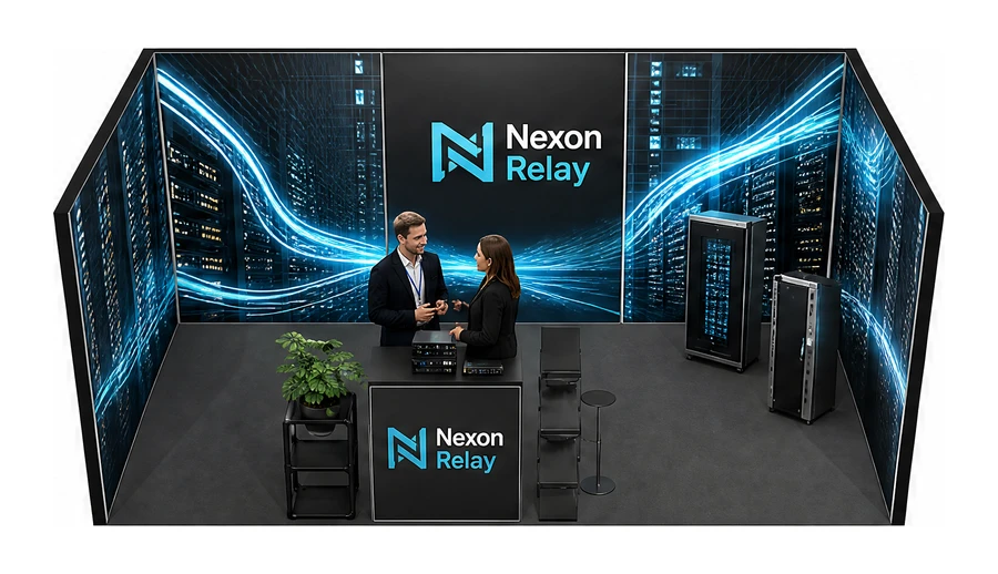 Stoisko 5 × 3 m szeregowe dla branży infrastruktura IT i data center, przykładowa marka Nexon Relay