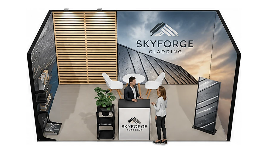 Stoisko 5 × 3 m szeregowe dla branży dachy i elewacje, przykładowa marka Skyforge Cladding
