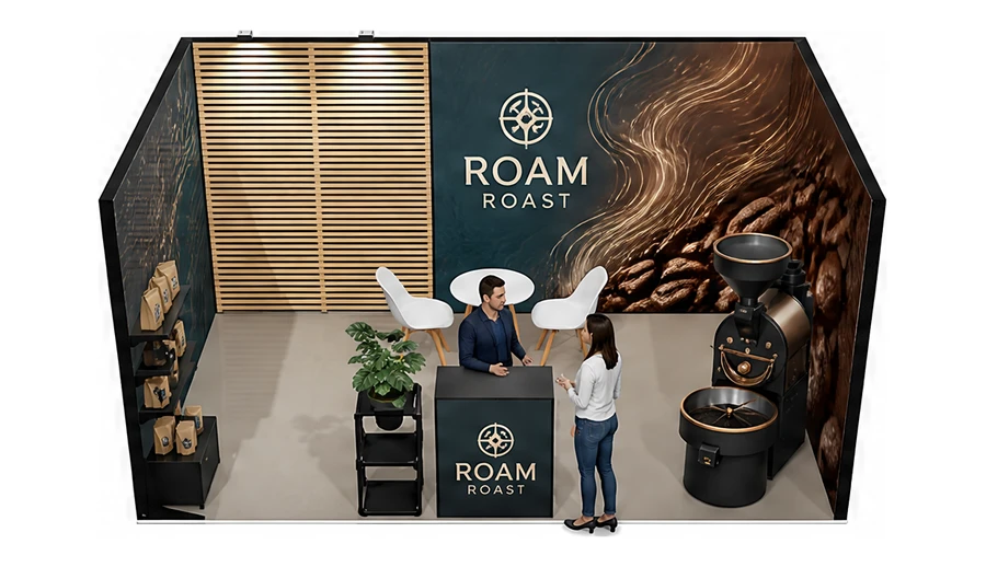Stoisko 5 × 3 m szeregowe dla branży palarnia kawy, przykładowa marka Roam Roast