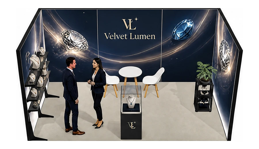 Stoisko 5 × 3 m szeregowe dla branży biżuteria, przykładowa marka Velvet Lumen