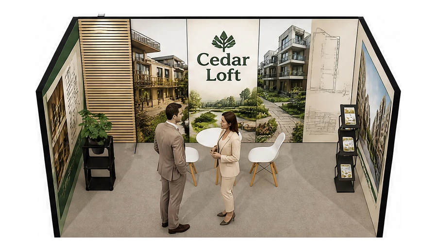 Stoisko 5 × 3 m szeregowe dla branży deweloperzy i nieruchomości, przykładowa marka Cedar Loft