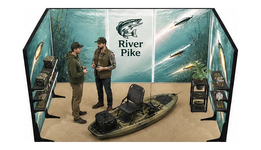 Stoisko 5 × 3 m szeregowe dla branży wędkarstwo, przykładowa marka River Pike