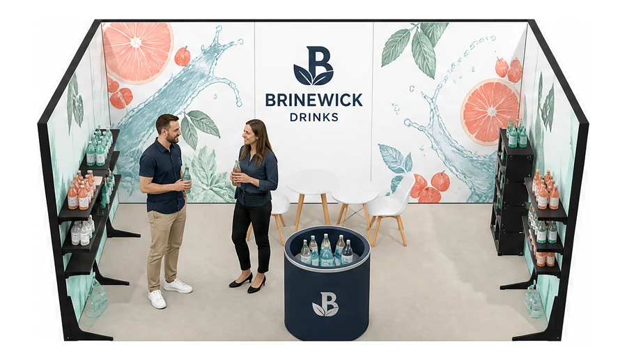 Stoisko 5 × 3 m szeregowe dla branży napoje, przykładowa marka Brinewick Drinks