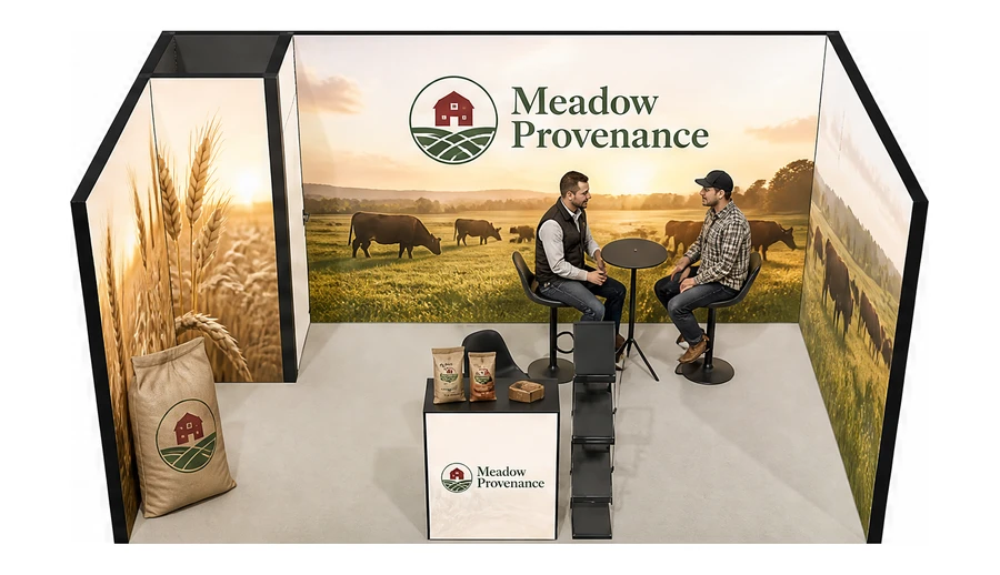Stoisko 5 × 3 m szeregowe dla branży hodowla i pasze, przykładowa marka Meadow Provenance